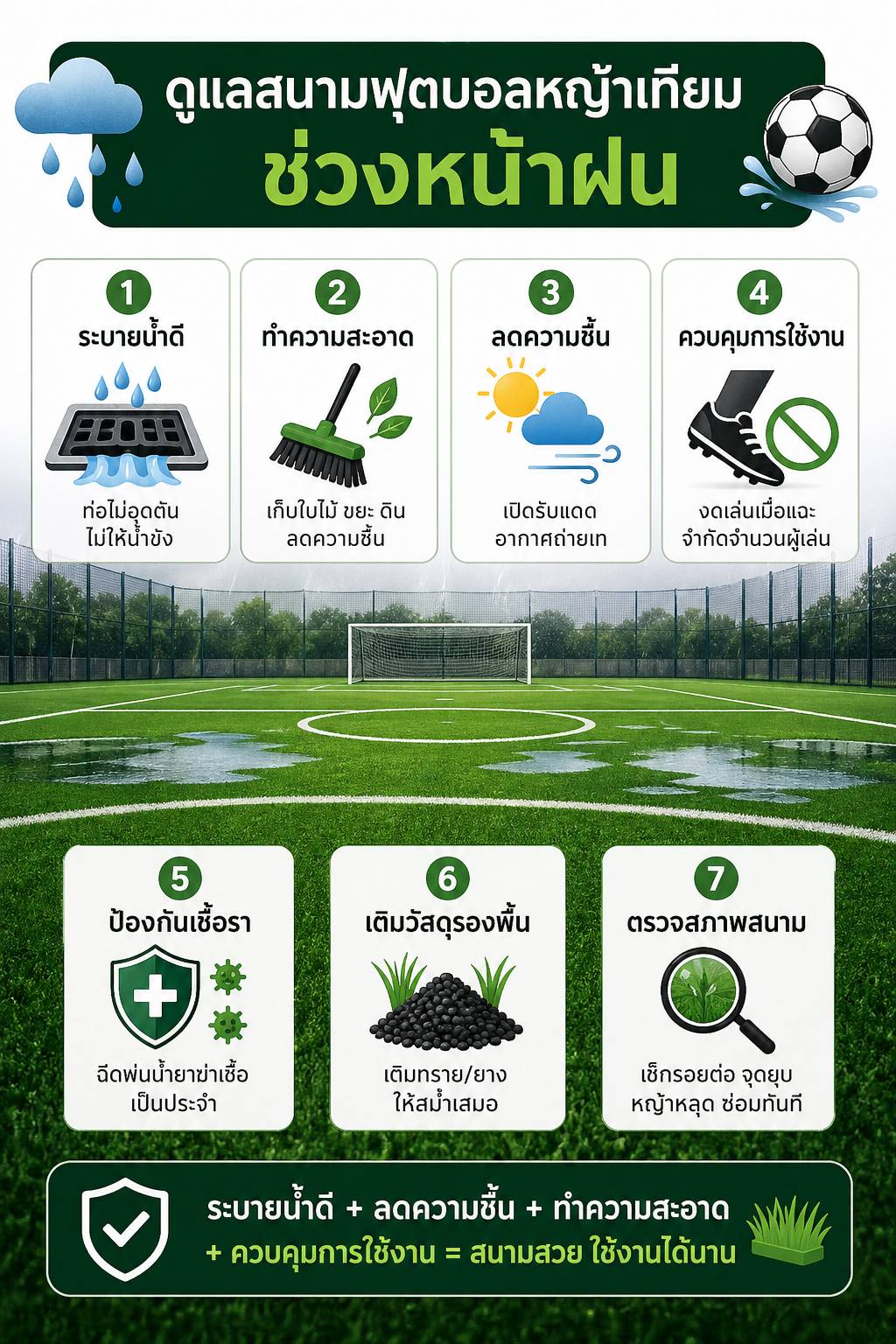 วิธีป้องกันและดูแลสนามฟุตบอลหญ้าเทียมช่วงหน้าฝน