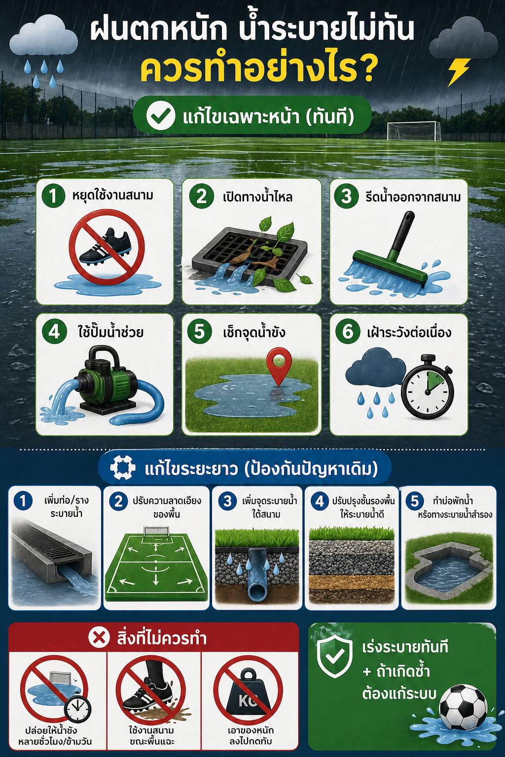 วิธีป้องกันและดูแลสนามฟุตบอลหญ้าเทียมช่วงหน้าฝน
