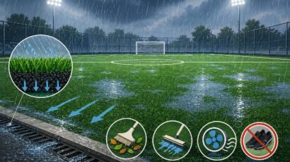 วิธีป้องกันและดูแลสนามฟุตบอลหญ้าเทียมช่วงหน้าฝน