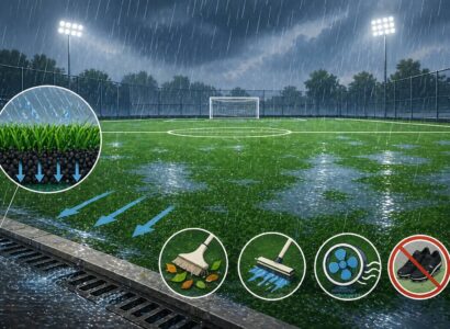 วิธีป้องกันและดูแลสนามฟุตบอลหญ้าเทียมช่วงหน้าฝน