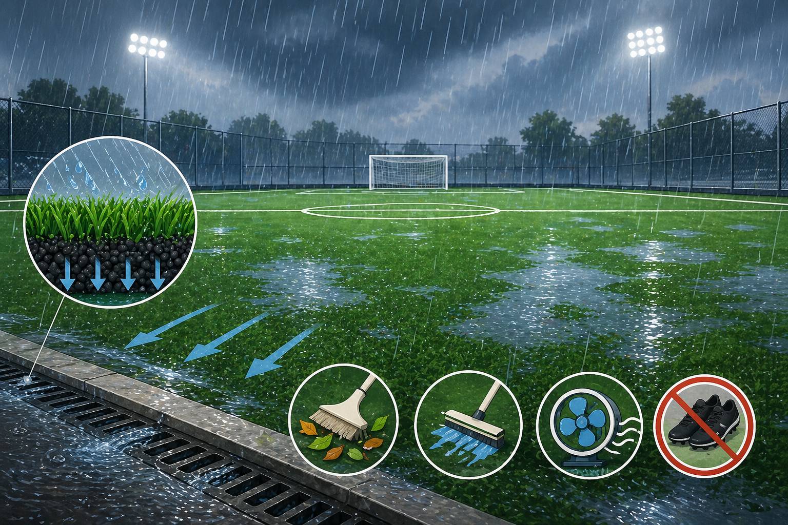 วิธีป้องกันและดูแลสนามฟุตบอลหญ้าเทียมช่วงหน้าฝน
