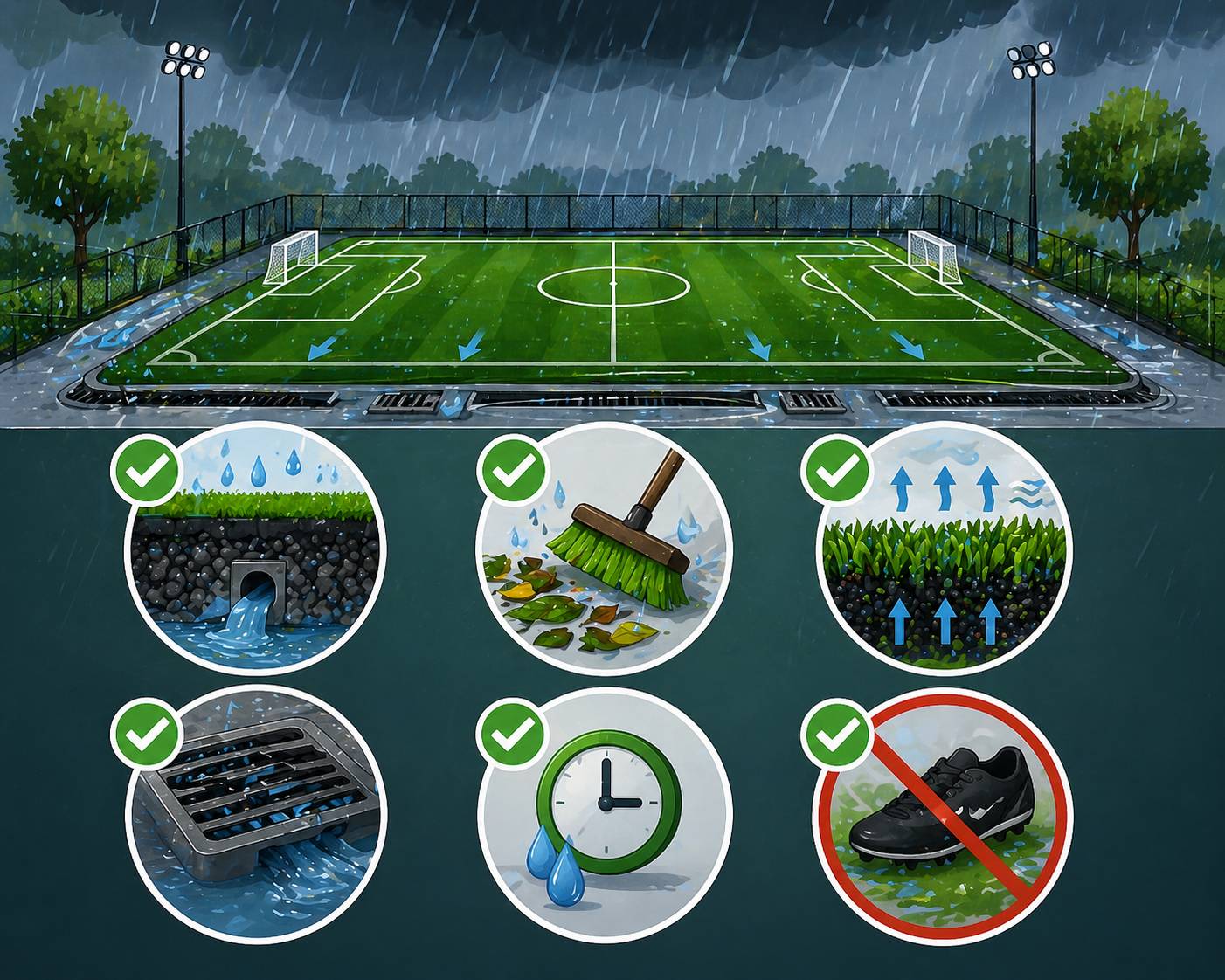 วิธีป้องกันและดูแลสนามฟุตบอลหญ้าเทียมช่วงหน้าฝน